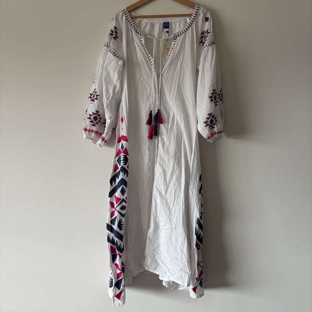 Raj Midi Maxi Embroidered Dress Size Large Boho Resort Peasant Semi Sheer NWT